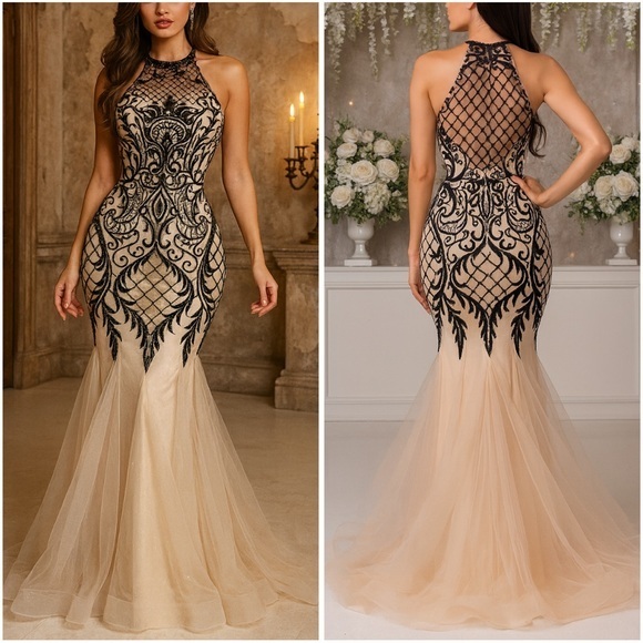 Nina Canacci Dresses & Skirts - Nina Canacci Beaded Sequin Mermaid Gown Dress in Cream Black